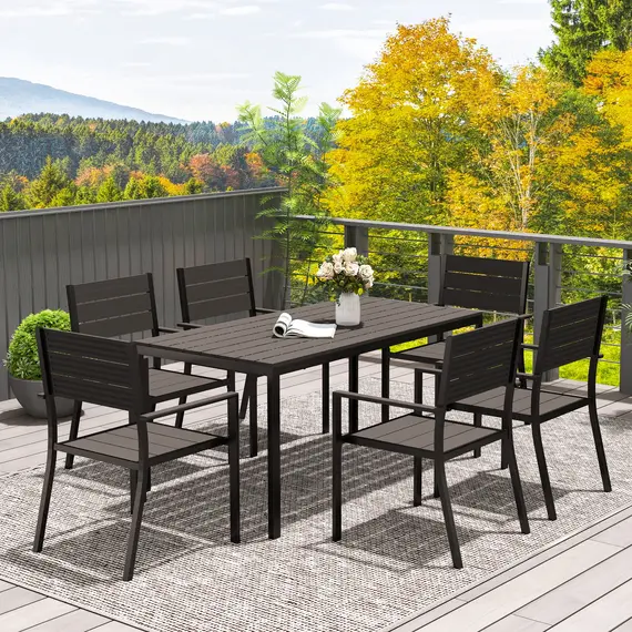 Buy 7 Piece Garden Furniture Set, 160 x 80 cm Rectangle Table and 6 Stackable Chairs Set, Outdoor Dining Set for Balcony, Deck, Dark Brown, 8 image