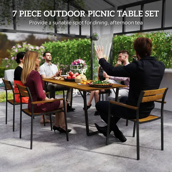 Buy 7 Piece Garden Dining Set, Fir Wood Garden Furniture Set with Rectangle Table and 6 Stackable Chairs, Umbrella Hole, Slatted Top and Steel Frame, for Patio Balcony Porch, Brown, 4 image