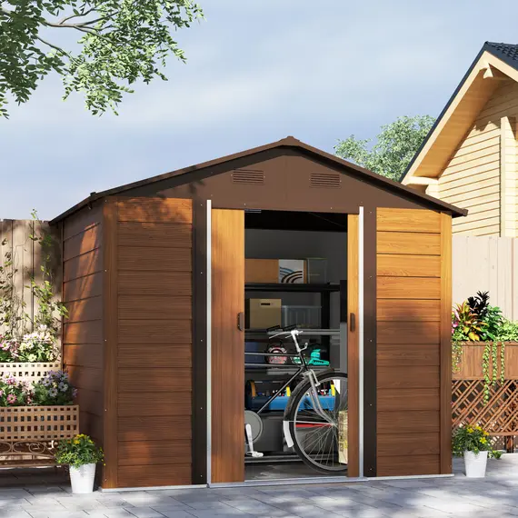 Buy 8 x 6ft Garden Storage Shed with Sliding Door - Brown Wood Effect, 2 image