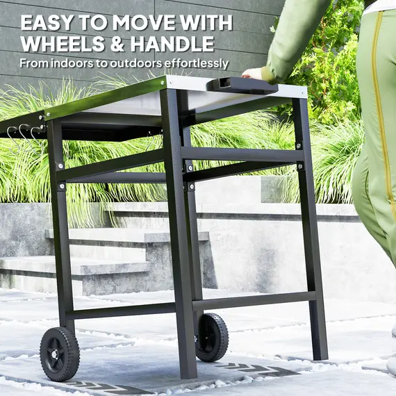 Buy BBQ Trolley with Stainless Steel Top and Foldable Side Table, Outdoor Kitchen BBQ Station with Hooks and Shelf, Pizza Oven Table Movable Outdoor Grill Dining Cart with Cover, Black, 6 image