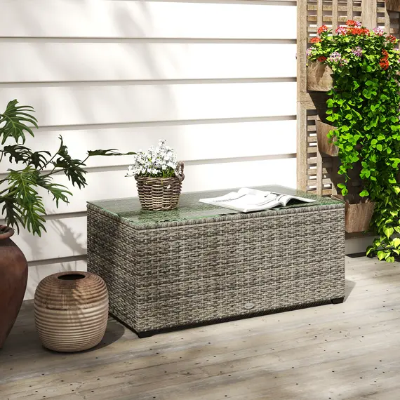 Buy 90 x 50cm Glass-Top Rattan Side Table - Dark Grey, 9 image