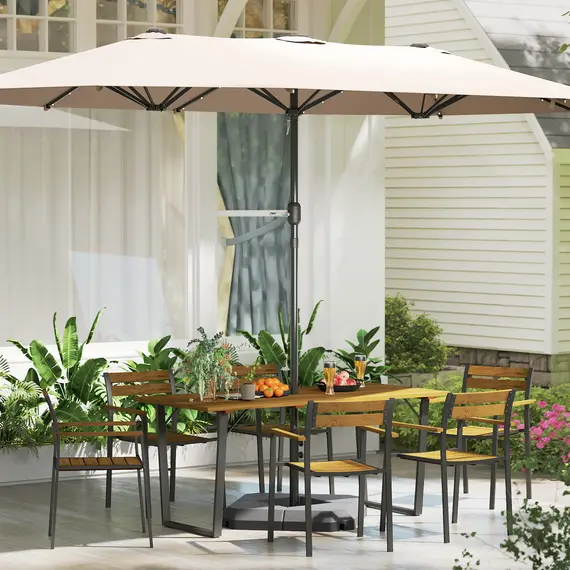 Buy 7 Piece Garden Dining Set, Fir Wood Garden Furniture Set with Rectangle Table and 6 Stackable Chairs, Umbrella Hole, Slatted Top and Steel Frame, for Patio Balcony Porch, Brown, 9 image