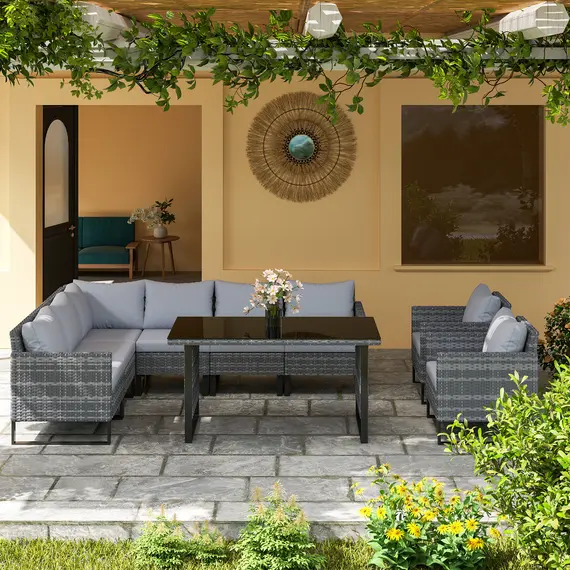 Buy 9 Piece Rattan Garden Furniture Set, 8 Seater Garden Corner Sofa with Cushions and Glass Top Table, Sectional Outdoor Furniture Conservatory Set for Patio, Light Grey, 8 image