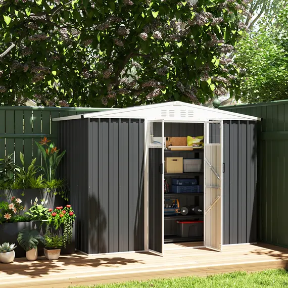 Buy 8 x 4 ft Metal Garden Shed, Garden Storage Shed with Window, 4 Vents and Lockable Door, Waterproof Galvanised Steel Tool Storage Shed, Dark Grey, 8 image