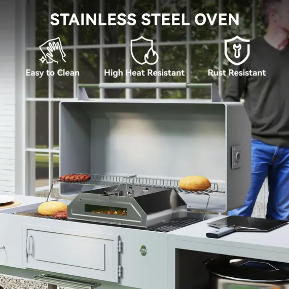 Buy 8 in Portable Stainless Steel BBQ Grill Top Pizza Oven with Built-in Thermometer and Viewing Window for Gas and Charcoal BBQ Grills, Includes Carry Handles, Pizza Stone and Peel, Silver Tone, 7 image