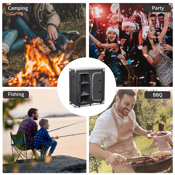 Buy Aluminum Camping Cupboard, Camping Kitchen Station Cook Table with 3-Shelf, Storage Organiser for BBQ Party Picnic, 6 image