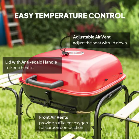 Buy Charcoal Barbecue Grill Portable BBQ Grill with 1840 cm² Cooking Area, 3 Shelves, Adjustable Vent, Lockable Lid, Wheels for Outdoor Cooking, Garden Party, Red, 5 image