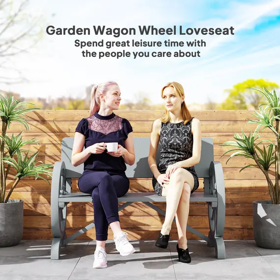 Buy  Fir Wood 2-Seater Outdoor Garden Wagon Wheel Bench, Grey, 7 image