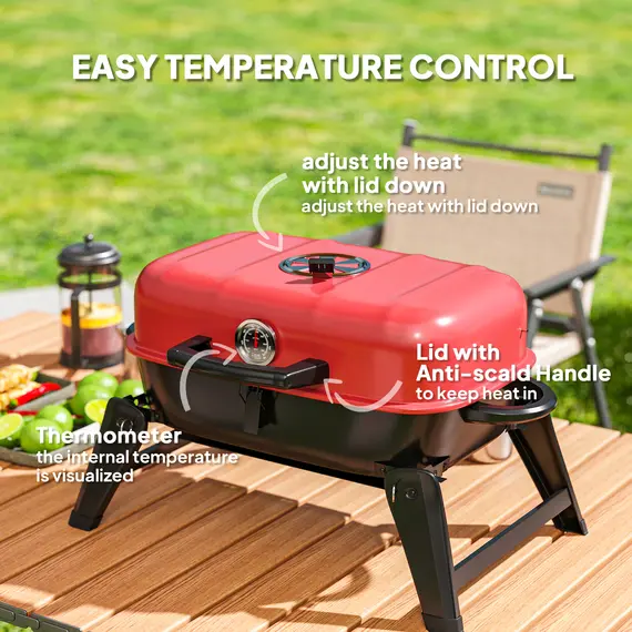 Buy Charcoal Barbecue Grill Folding BBQ Grill with 1232 cm² Cooking Area, Adjustable Vent, Thermometer, Handles for Camping Picnic, Red, 6 image