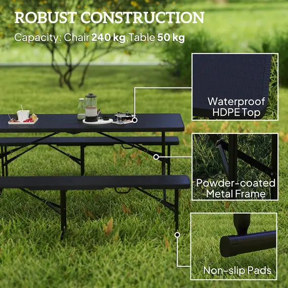 Buy Folding Picnic Table and Bench Set, Rattan Effect Portable Camping Table and Chairs with Carrying Handles for Indoor Outdoor, Dining, Camping, Picnic, BBQ, Party, Black, 5 image