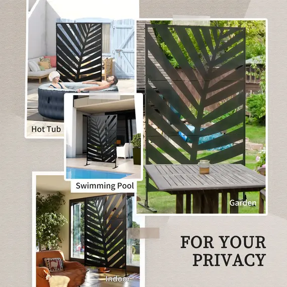 Buy Decorative Privacy Screen with Stand, 6.5FT Freestanding Metal Outdoor Divider, Decorative Privacy Panel with Expansion Screws for Garden Patio Pool Hot Tub, Banana Leaf Style, Black, 6 image