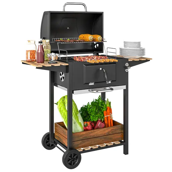 Buy Charcoal BBQ Grill with Height Adjustable Charcoal Pan, Portable Barbecue Smoker with Warming Rack, 3 Shelves, Temperature Gauge, Wheels, Bottle Opener for Outdoor Cooking Garden Party
