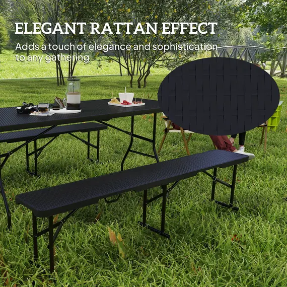 Buy Folding Picnic Table and Bench Set, Rattan Effect Portable Camping Table and Chairs with Carrying Handles for Indoor Outdoor, Dining, Camping, Picnic, BBQ, Party, Black, 4 image
