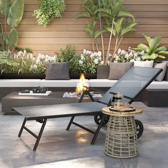 Buy Folding Sun Lounger with Wheels, 5-Position Adjustable Garden Chaise Lounge Sunbed with Armrests, Metal Frame Outdoor Portable Reclining Chair for Beach, Porch, Grey, 9 image