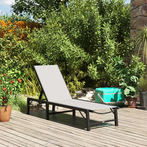 Buy Folding Sun Lounger, 5-Position Adjustable Garden Chaise Lounge Sunbed, Steel Frame Reclining Chair for Beach, Porch, Patio, Camping, Light Grey, 9 image