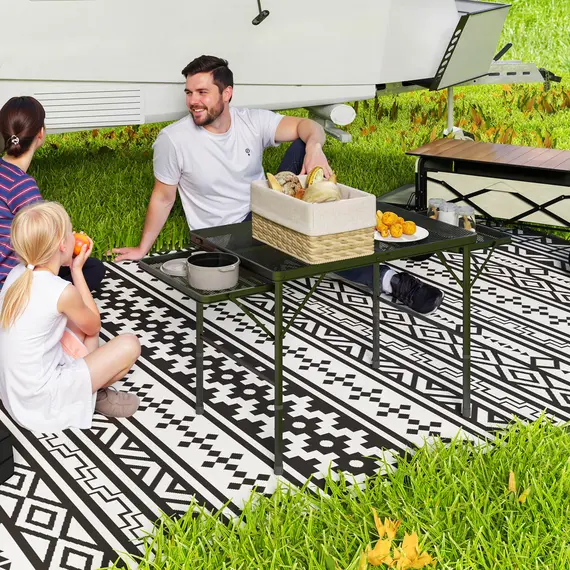 Buy Folding Grill Table, 4.5ft Portable Camping Table with 2 Wing Panels, Height Adjustable Metal Picnic Table for Camping, Picnic and BBQ, Black, 2 image