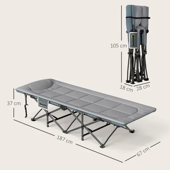 Buy Folding Camping Bed for Adults with Cushion, Heavy Duty Portable Travel Camping Cot with Headrest, Side Pocket and Non-Slip Foot Pads for Outdoor Beach Travel Office, Grey, 3 image