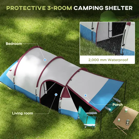 Buy Camping Tent, Large Tunnel Tent with Bedroom and Living Area, 2000mm Waterproof, Portable with Bag for 2-3 Man, Red, 4 image