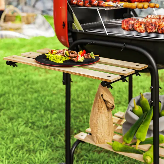 Buy Charcoal Barbecue Grill Portable BBQ Grill with 1840 cm² Cooking Area, 3 Shelves, Adjustable Vent, Lockable Lid, Wheels for Outdoor Cooking, Garden Party, Red, 9 image