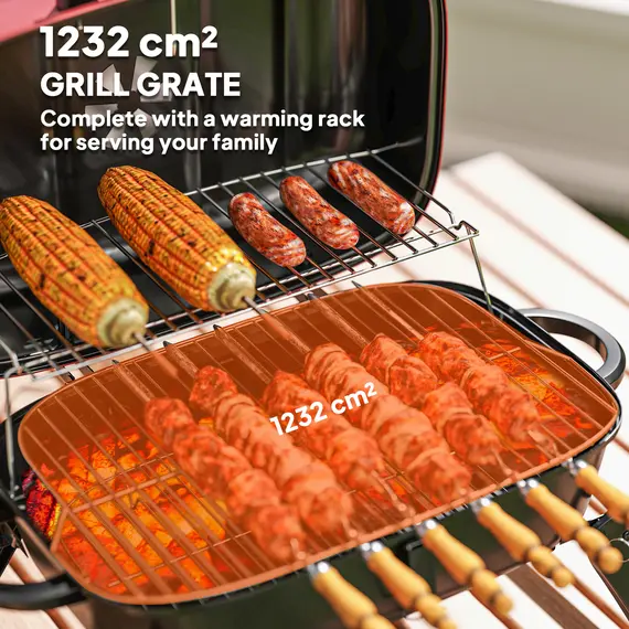 Buy Charcoal Barbecue Grill Folding BBQ Grill with 1232 cm² Cooking Area, Adjustable Vent, Thermometer, Handles for Camping Picnic, Red, 4 image