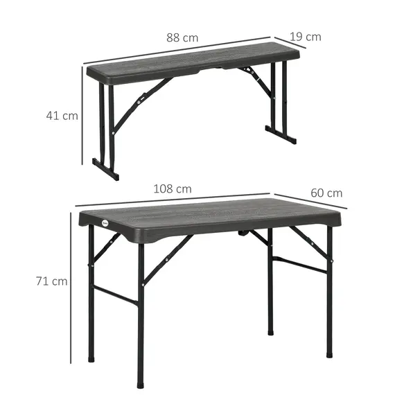 Buy Folding Picnic Table with 2 Benches, 3-Piece Portable Garden Furniture Set for 4, Dining Table Set with Plastic Top, Steel Frame, Dark Grey, 3 image