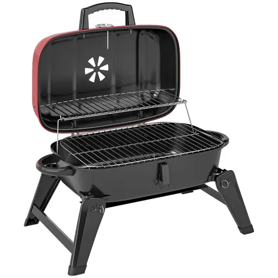 Buy Charcoal Barbecue Grill Folding BBQ Grill with 1232 cm² Cooking Area, Adjustable Vent, Thermometer, Handles for Camping Picnic, Red