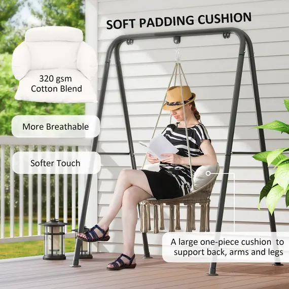 Buy Hanging Chair Outdoor Hammock Chair with Soft Cushion, Cotton Rope Boho Style Swing Chair, Hanging Garden Swing Seat for Indoor Outdoor, Cream White, 4 image