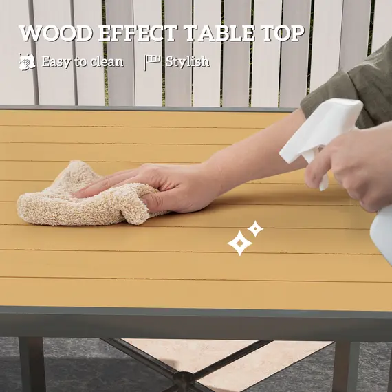 Buy  Garden Table, 90cm Square Outdoor Patio Dining Table with 4.2 cm Umbrella Hole, Metal Frame, Wood Effect Top, for Terrace, Balcony, Natural Wood Finish, 4 image