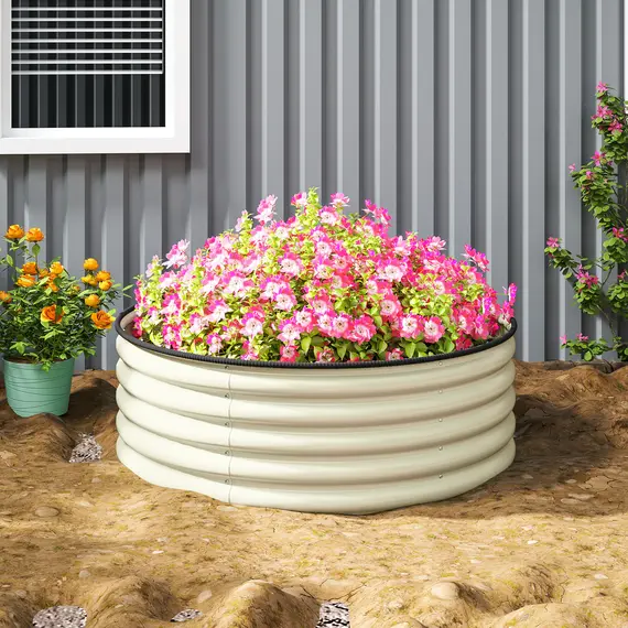 Buy Galvanised Raised Garden Bed with Safety Edging, Outdoor Raised Planter Box with Gloves, 120 x 120 x 43cm, Cream White, 9 image