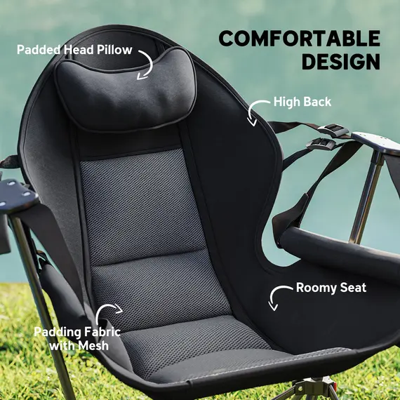 Buy Hammock Camping Chair Set of 2, Adjustable Back Swinging Camping Chair Portable Swinging Chair with Cup Holder, Headrest, Padded Seat and Carry Bag for Travel Fishing Hiking, Black, 5 image