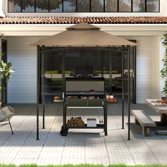 Buy  Grill Gazebo Replacement Canopy Roof for 1.5 x 2.4m Frame, UPF50+ Protection, Double Tiered 5' x 8' Outdoor BBQ Gazebo Cover Replacement, TOP COVER ONLY, Khaki, 8 image