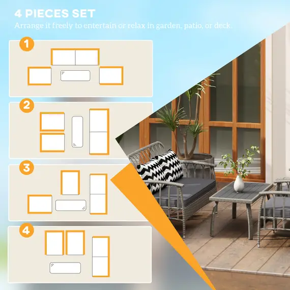 Buy Four-Piece Rattan Cut-Out Sofa Set - Grey, 4 image