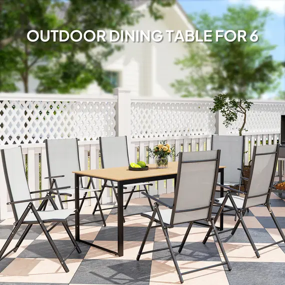 Buy Garden Table for 6 People, 160 x 80 x 75 cm Rectangle Outdoor Dining Table with Slatted Top, Metal Frame, for Balcony, Deck, Teak, 4 image