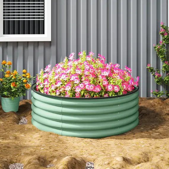 Buy Galvanised Raised Garden Bed with Safety Edging, Outdoor Raised Planter Box with Gloves, 120 x 120 x 43cm, Light Green, 9 image