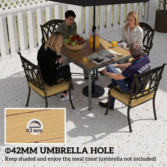 Buy  Garden Table, 90cm Square Outdoor Patio Dining Table with 4.2 cm Umbrella Hole, Metal Frame, Wood Effect Top, for Terrace, Balcony, Natural Wood Finish, 5 image