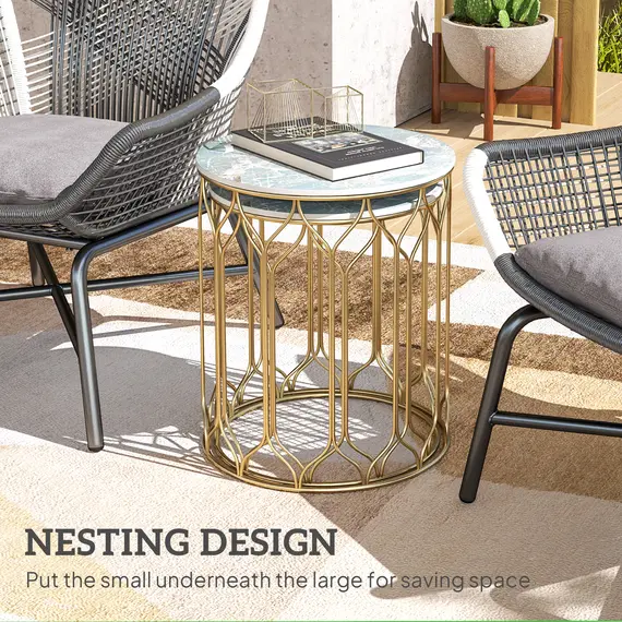 Buy Garden Side Table Set of 2, Nesting Tables with Ceramic Tile Top, Indoor Outdoor Small Garden Tables, Multifunctional End Tables with Metal Frame for Patio, Balcony, Porch, Multicoloured, 4 image