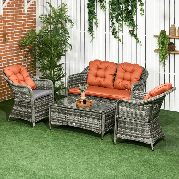 Buy Four-Piece Rattan Sofa Set, with Glass-Top Table - Orange, 2 image