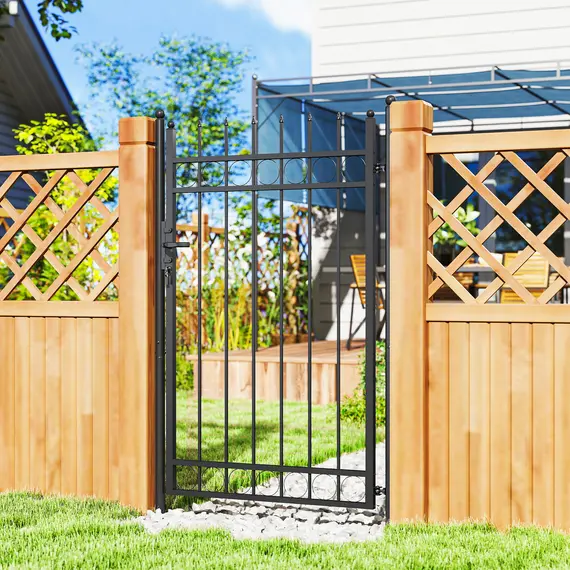 Buy Galvanised Steel Garden Gate, Outdoor Fence Gate Security Barrier with Lock, Keys and Handle, Outdoor Entrance Way Door with Classic Finials, 105 x 204 cm, Black, 2 image
