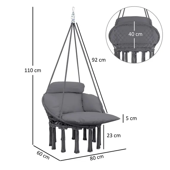 Buy Hanging Chair Outdoor Hammock Chair with Soft Cushion, Cotton Rope Boho Style Swing Chair, Hanging Garden Swing Seat for Indoor Outdoor, Dark Grey, 3 image