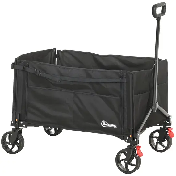 Buy Folding Trolley on Wheels, 150L Collapsible Wagon Festival Trolley Cart with Openable Sides, Adjustable Handle and Brakes for Shopping Camping Beach and Garden, Black