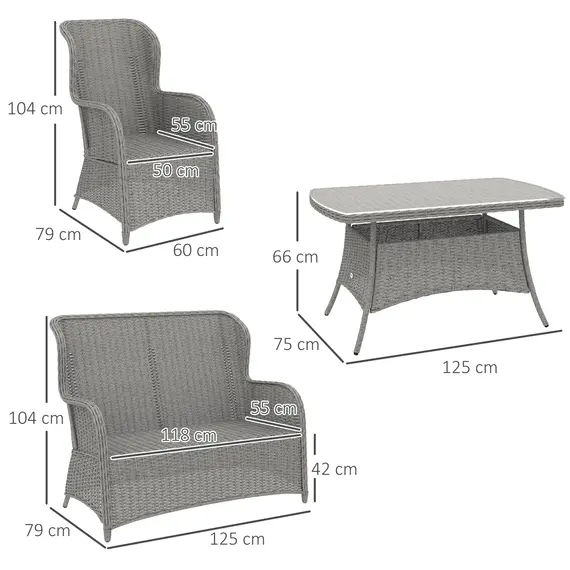 Buy Garden PE Rattan Dining Sofa Set, Outdoor 4 Seater Wicker Furniture, High Back Chairs with Cushions, Tempered Glass Coffee Table for Patio, Light Grey, 3 image