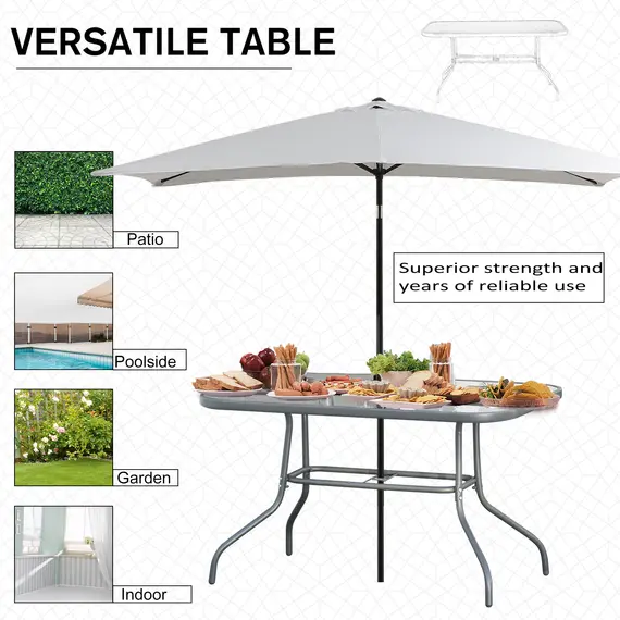 Buy Garden Dining Table Glass Top Metal Frame with Parasol Hole Outdoor Balcony Grey 120L x 80Wcm, 4 image