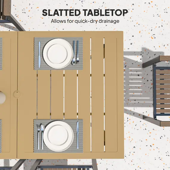 Buy Garden Dining Table for 6 Person, Rectangle Outdoor Coffee Table with 5 cm Parasol Hole, Slatted Tabletop and Steel Frame for Patio Balcony, Brown, 6 image