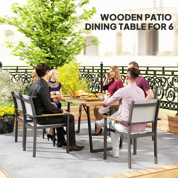 Buy Garden Table for 6, 175 x 80 cm Large Rectangle Outdoor Dining Table with 5cm Parasol Hole and Slatted Top, Weather Resistant Fir Wood Patio Table for Balcony, Terrace, Brown, 4 image