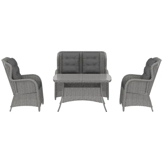 Buy Garden PE Rattan Dining Sofa Set, Outdoor 4 Seater Wicker Furniture, High Back Chairs with Cushions, Tempered Glass Coffee Table for Patio, Light Grey