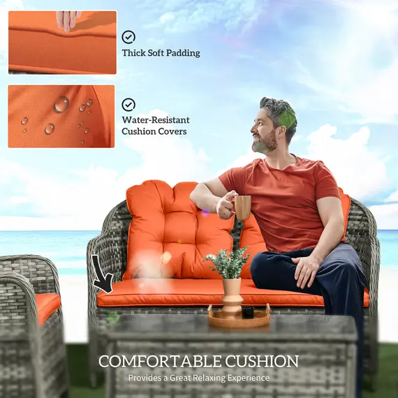 Buy Four-Piece Rattan Sofa Set, with Glass-Top Table - Orange, 5 image