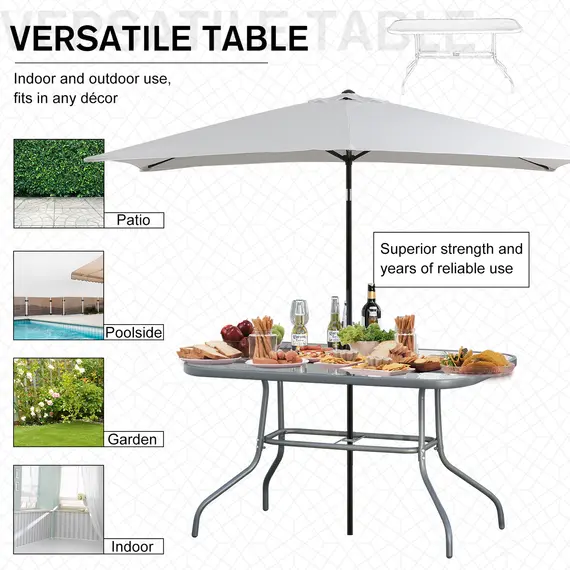 Buy Garden Dining Table Glass Top Metal Frame with Parasol Hole Outdoor Balcony Grey 140L x 80Wcm, 4 image