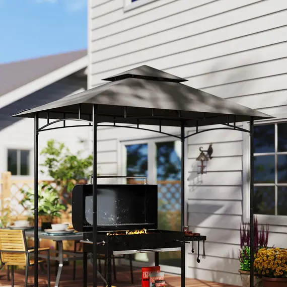Buy Grill Gazebo Replacement Canopy Roof for 1.5 x 2.4m Frame, UPF50+ Protection, Double Tiered 5' x 8' Outdoor BBQ Gazebo Cover Replacement, TOP COVER ONLY, Dark Grey, 9 image