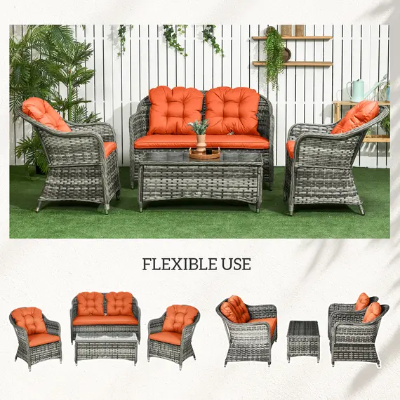 Buy Four-Piece Rattan Sofa Set, with Glass-Top Table - Orange, 7 image