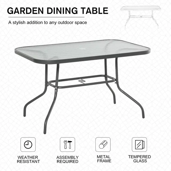 Buy Garden Dining Table Glass Top Metal Frame with Parasol Hole Outdoor Balcony Grey 120L x 80Wcm, 7 image